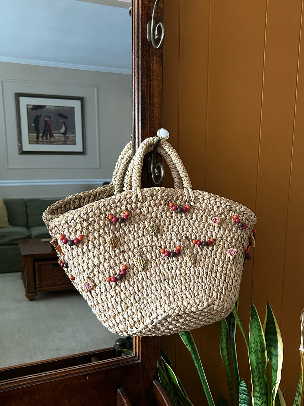 Handmade Natural Straw Tote Bag with fall themed accents